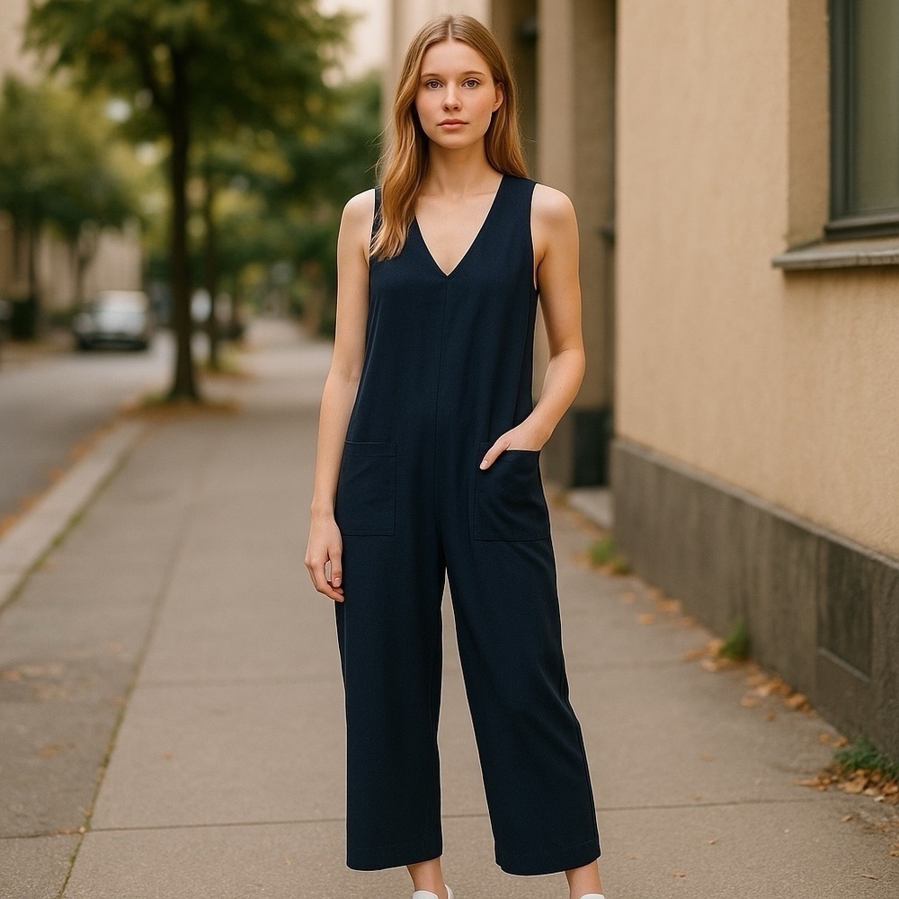 Melrose and Market Women's L Large Wide Leg Jumpsuit Cropped Loose Fit Navy Blue